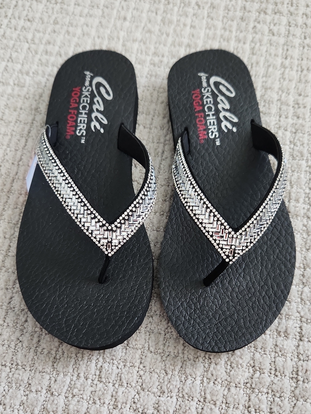 Skechers Black Flip Flops with Silver Beaded Straps